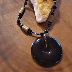 New Dark Blue Gold Stone Pendant on Mixed Hand-Beaded Necklace, 20 Inches